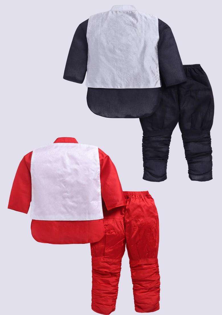 Multi Solid Silk Kurta Set For Boys - Indya