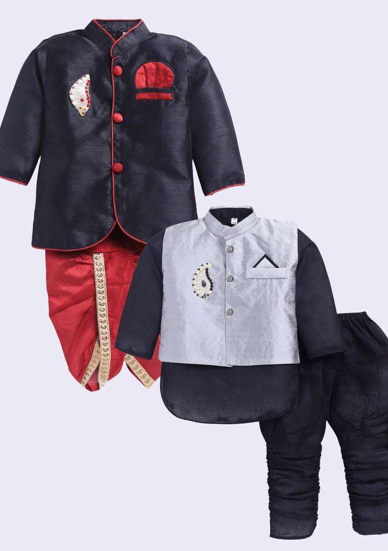 Multi Solid Silk Kurta Set For Boys - Indya