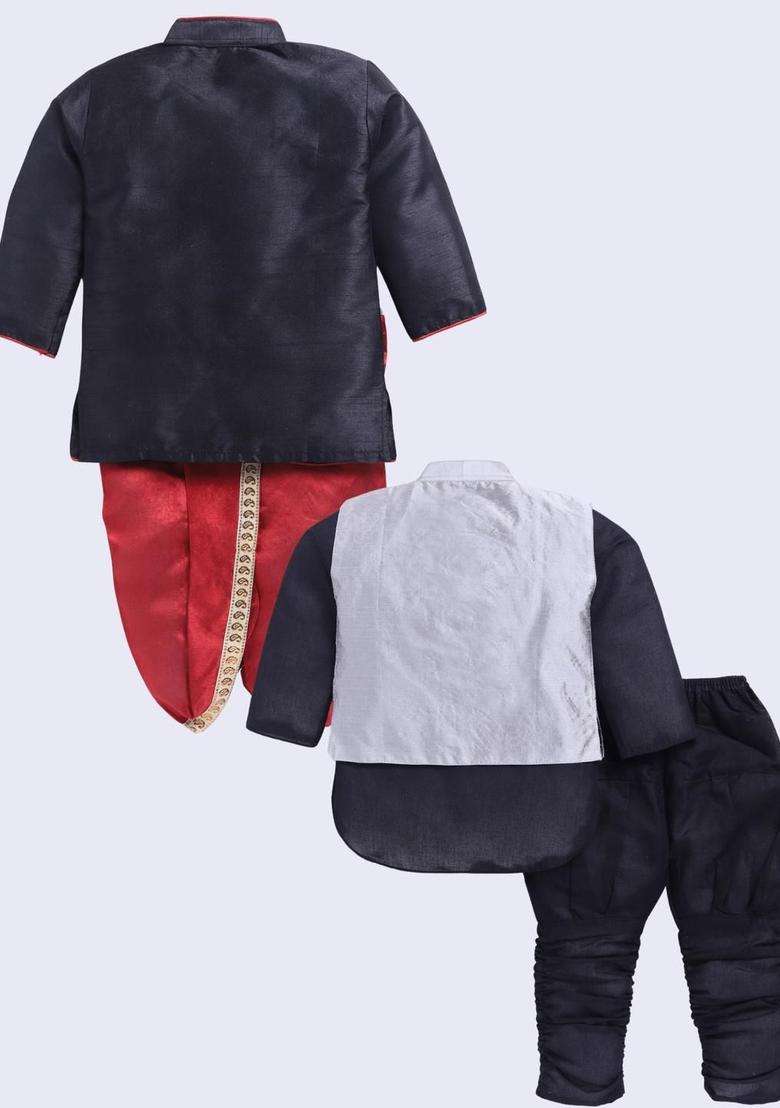 Multi Solid Silk Kurta Set For Boys - Indya