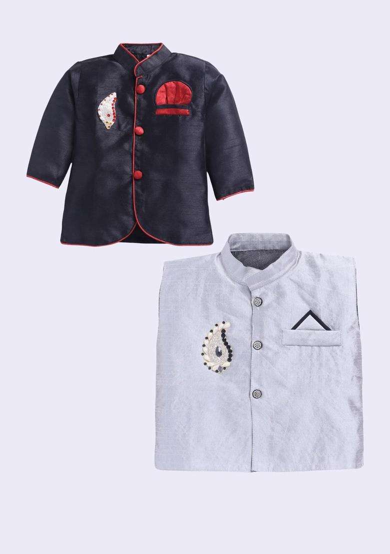 Multi Solid Silk Kurta Set For Boys - Indya