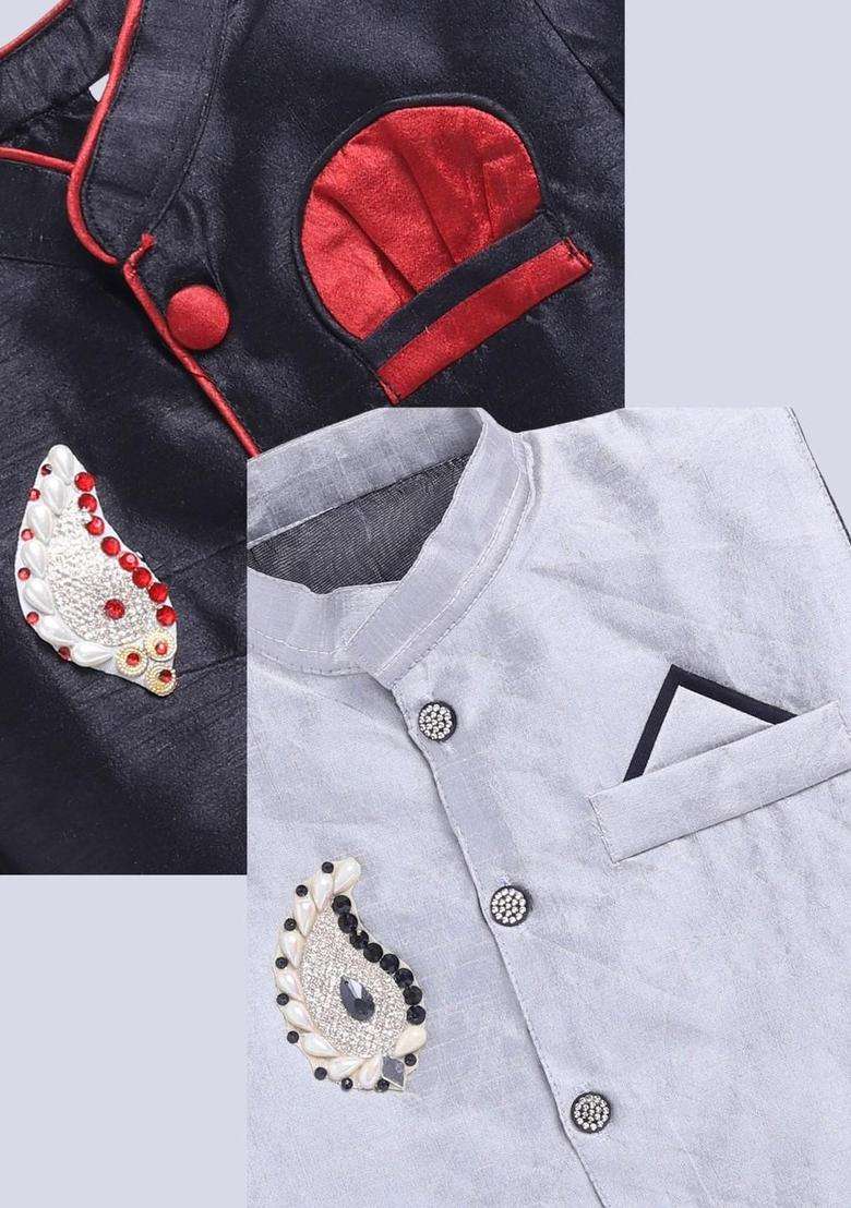 Multi Solid Silk Kurta Set For Boys - Indya