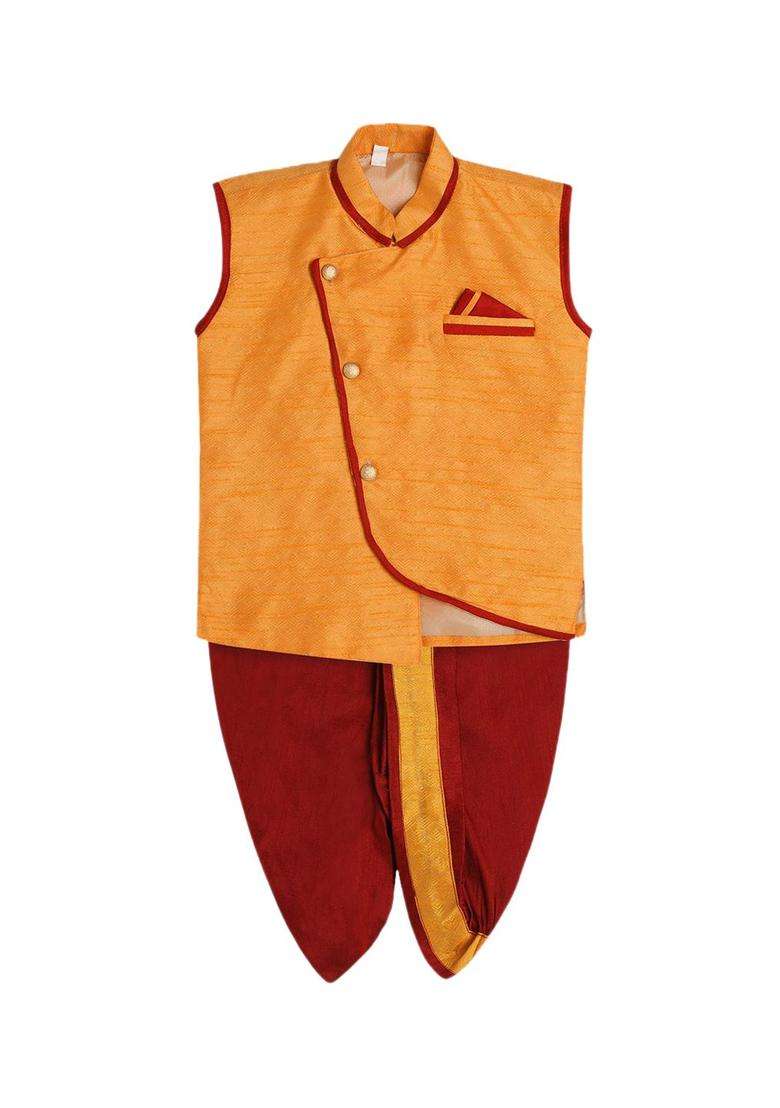 Orange Self Design Silk Kurta Set For Boys - Indya