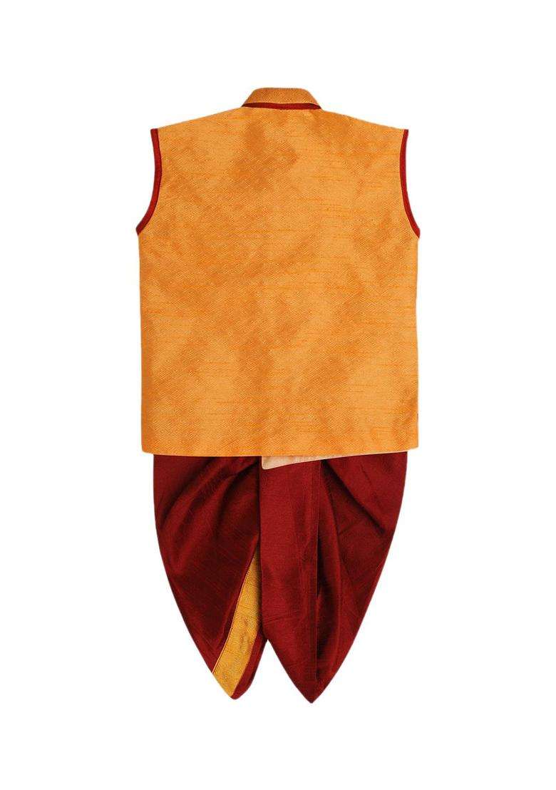 Orange Self Design Silk Kurta Set For Boys - Indya