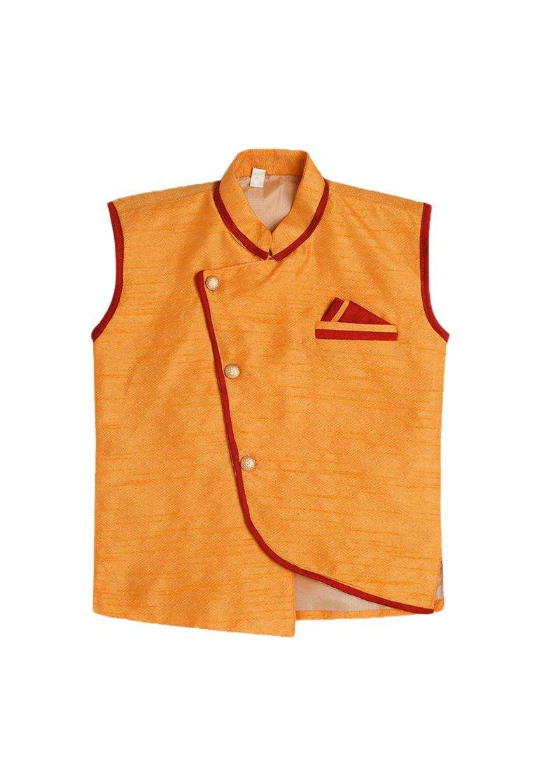 Orange Self Design Silk Kurta Set For Boys - Indya