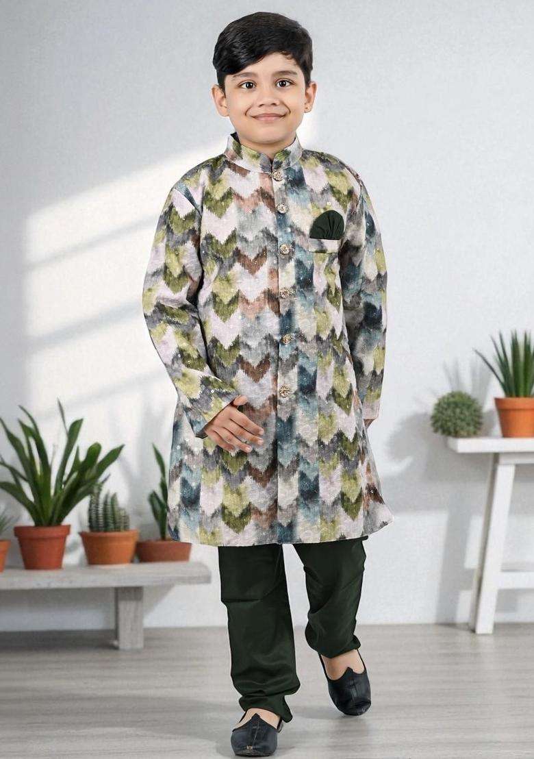 Olive Printed Silk Kurta Set For Boys - Indya