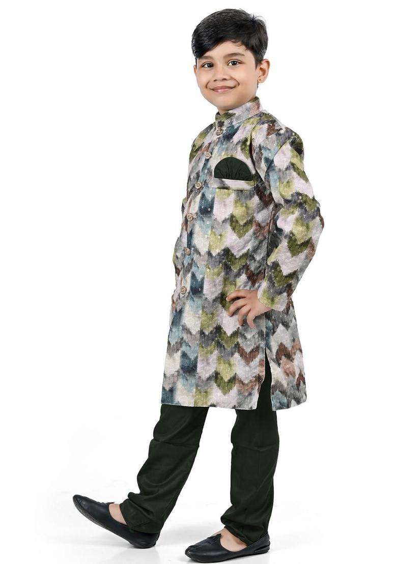 Olive Printed Silk Kurta Set For Boys - Indya