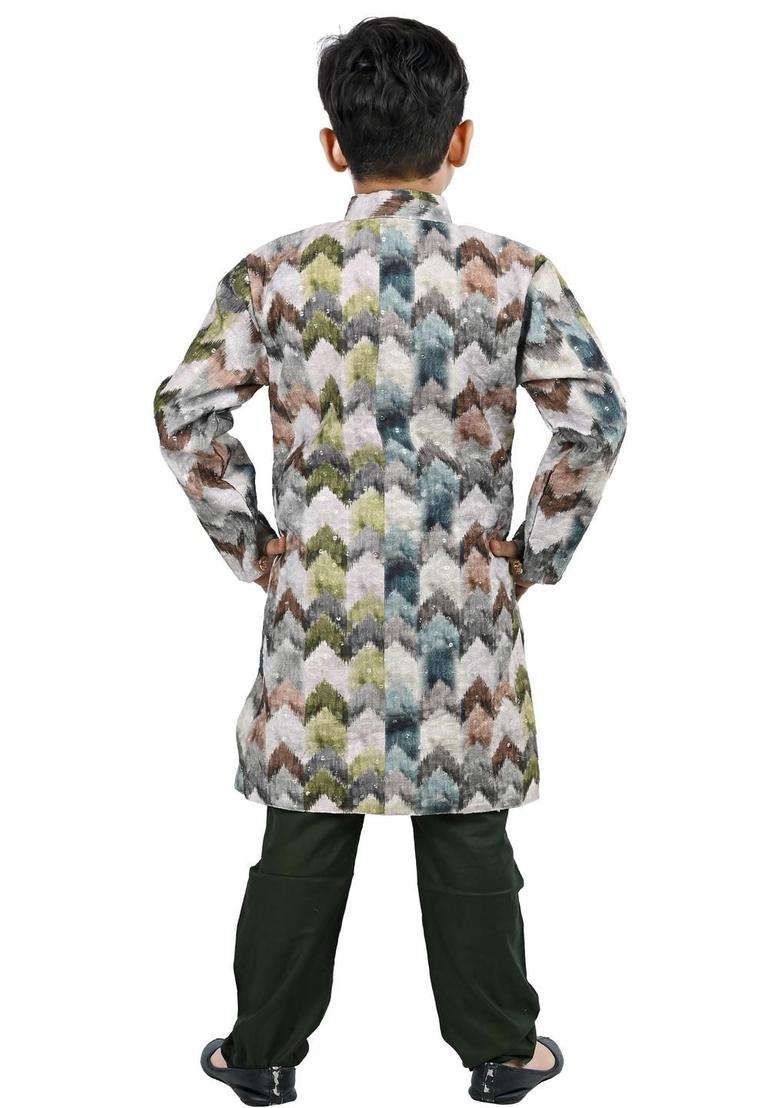 Olive Printed Silk Kurta Set For Boys - Indya