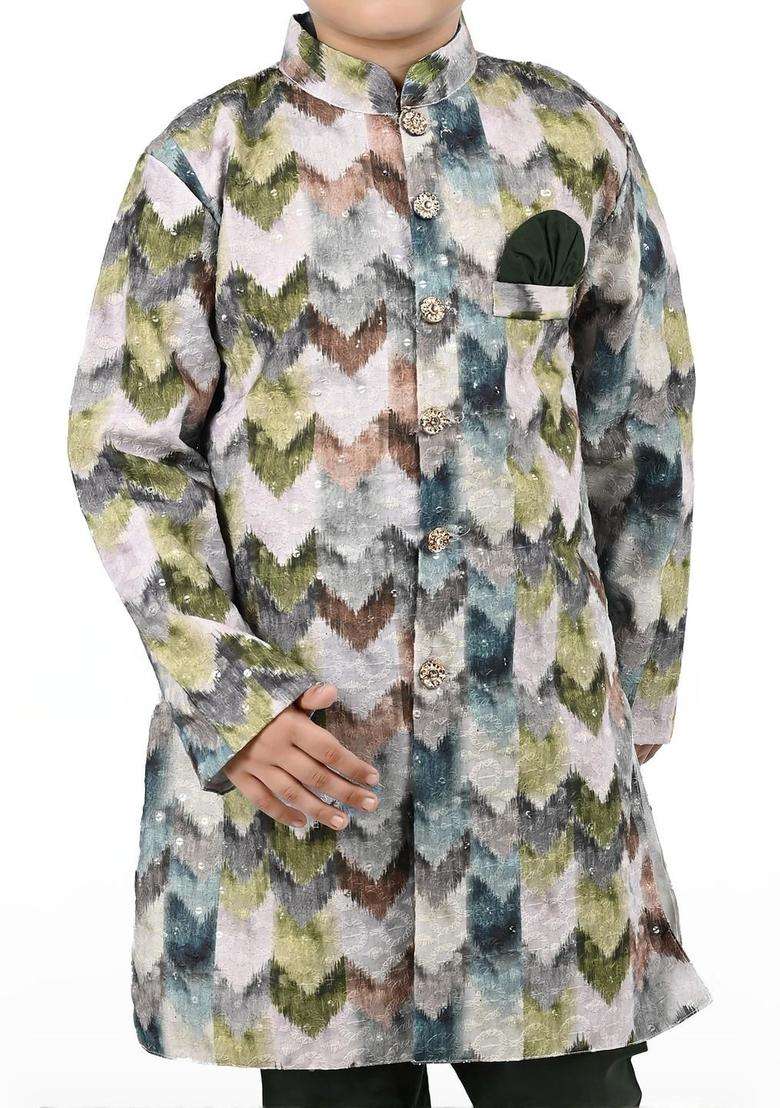 Olive Printed Silk Kurta Set For Boys - Indya