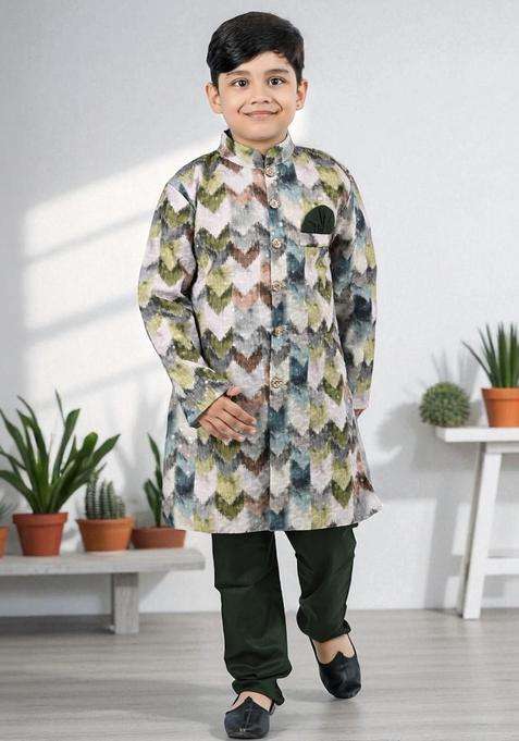 Olive Printed Silk Kurta Set For Boys