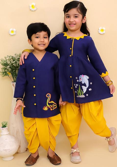 Navy Blue Embroidered Cotton Kurta Set For Boys — view on Indya