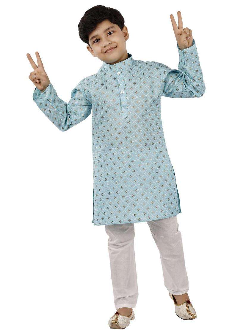 Turquoise Blue Printed Cotton Kurta Set For Boys - Indya
