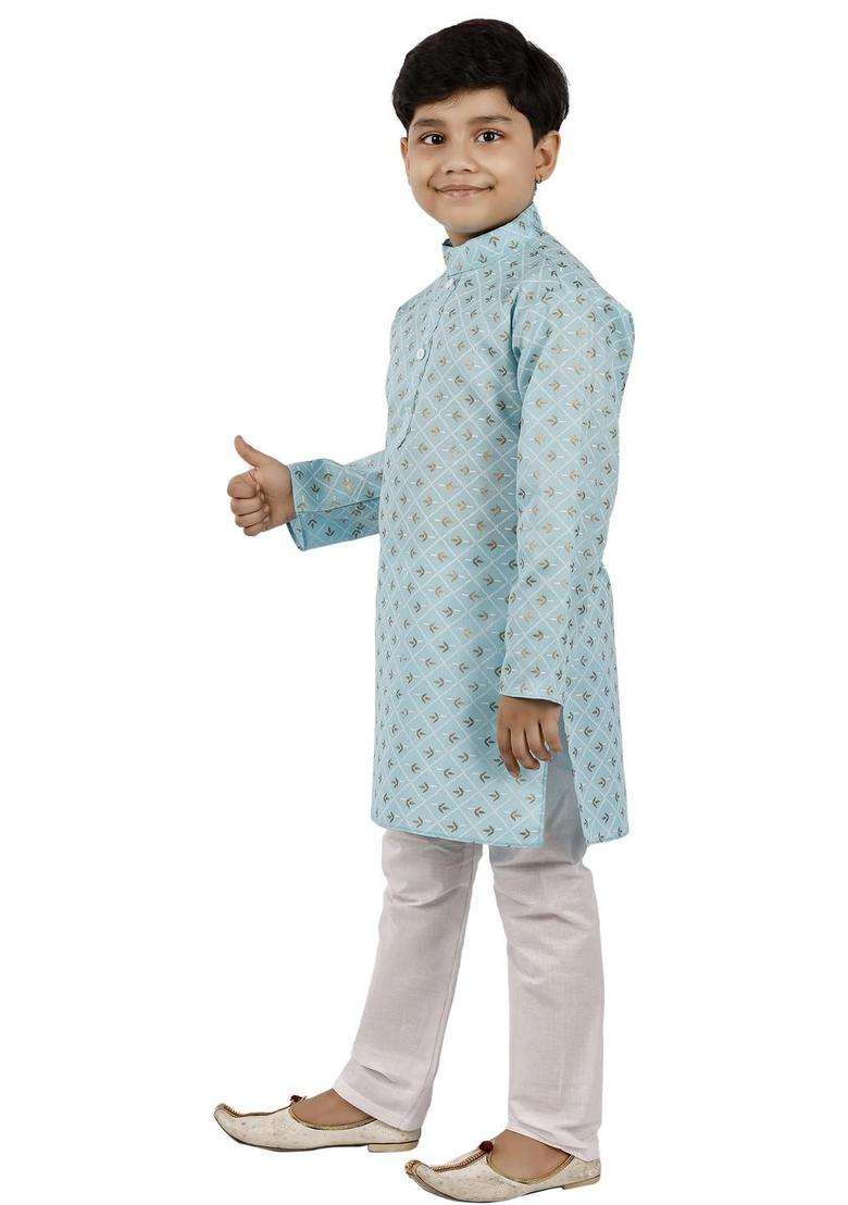 Turquoise Blue Printed Cotton Kurta Set For Boys - Indya