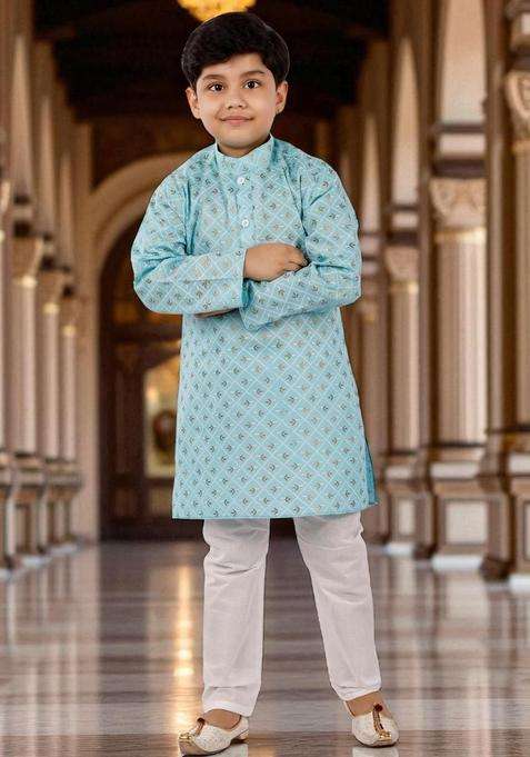Turquoise Blue Printed Cotton Kurta Set For Boys