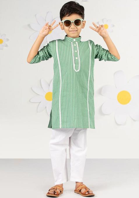 Green Striped Cotton Kurta Set For Boys — view on Indya