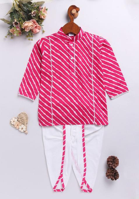 Pink Printed Cotton Kurta Set For Boys — view on Indya