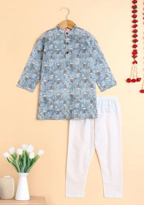 Grey Printed Cotton Kurta Set For Boys