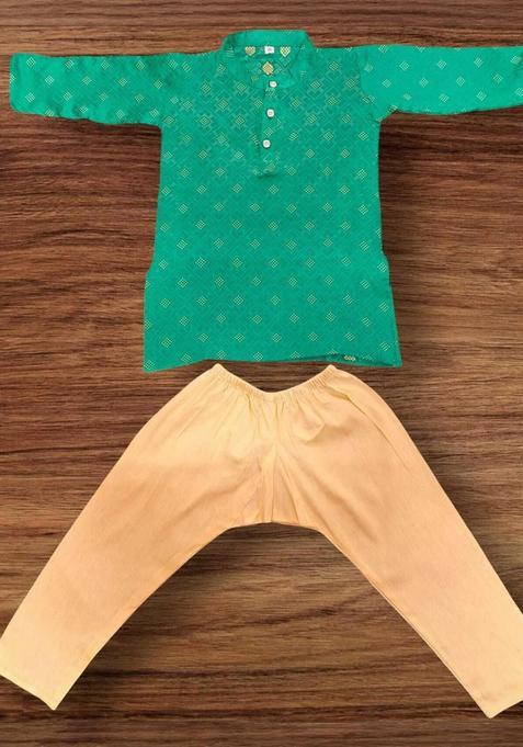 Green Self Design Cotton Kurta Set For Boys — view on Indya