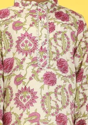 Cream Printed Cotton Kurta Set For Boys