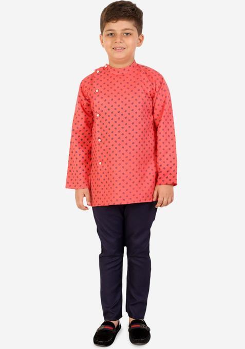 Pink Printed Cotton Kurta Set For Boys — view on Indya