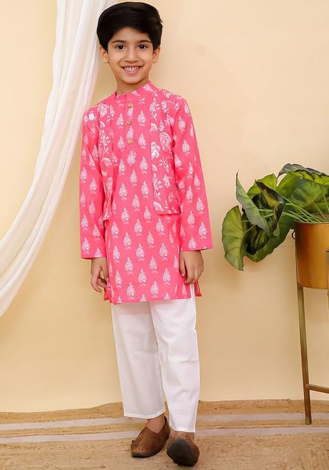 Pink Printed Cotton Kurta Set For Boys — view on Indya