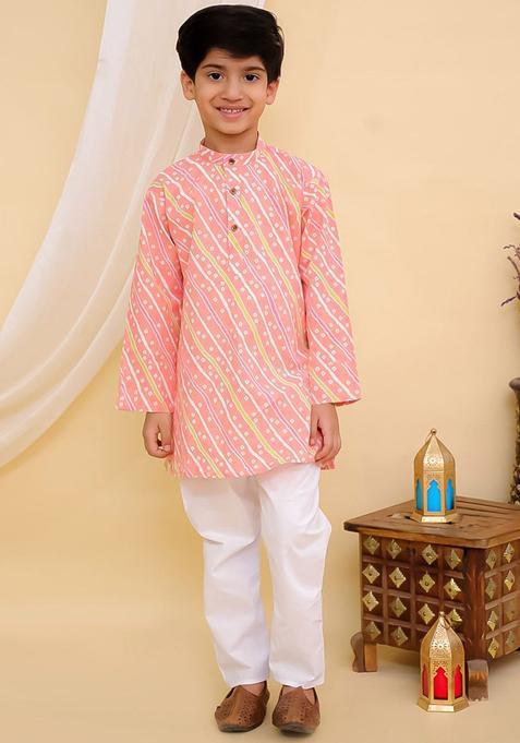 Pink Printed Cotton Kurta Set For Boys — view on Indya