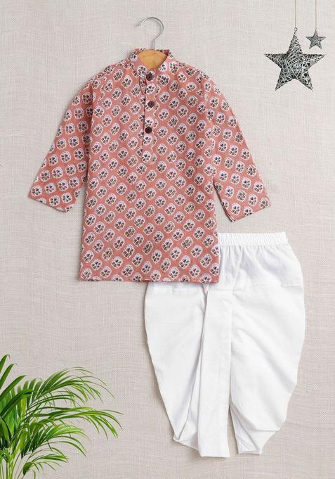 Peach Printed Cotton Kurta Set For Boys — view on Indya