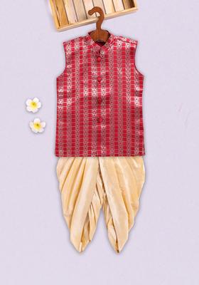 Pink Woven Design Silk Kurta Set For Boys