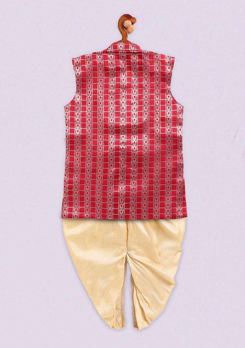 Pink Woven Design Silk Kurta Set For Boys - Indya