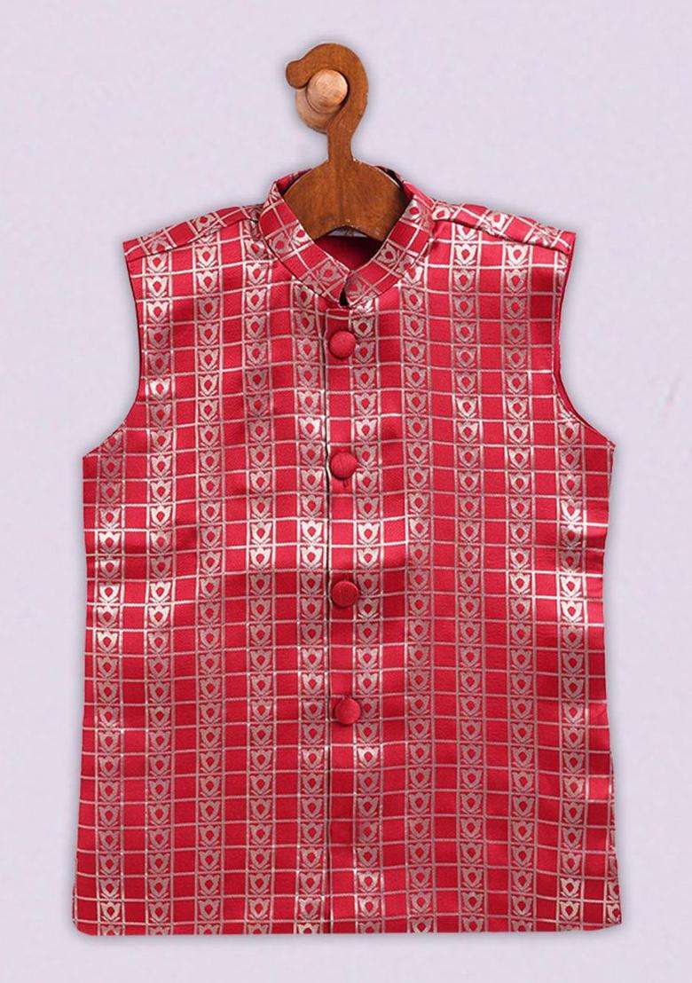 Pink Woven Design Silk Kurta Set For Boys - Indya