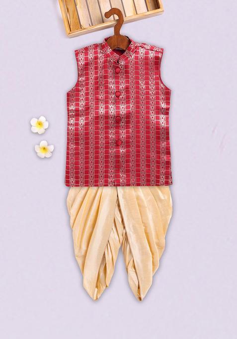 Pink Woven Design Silk Kurta Set For Boys — view on Indya