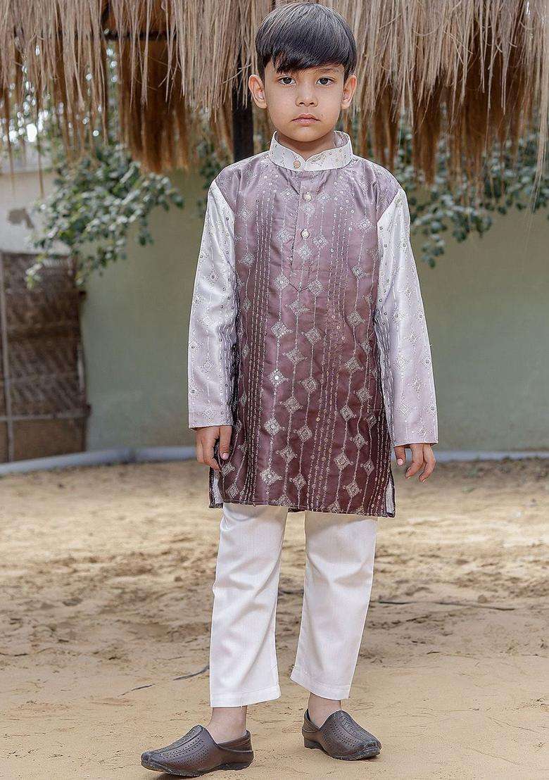 Brown Embroidered Silk Kurta Set For Boys - Indya