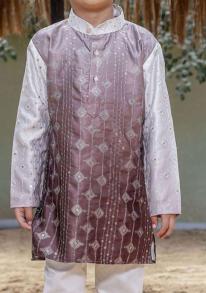 Brown Embroidered Silk Kurta Set For Boys - Indya