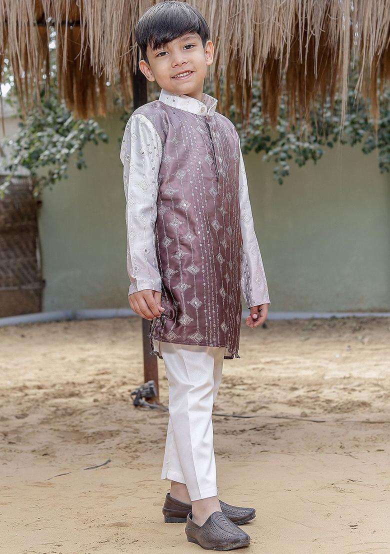 Brown Embroidered Silk Kurta Set For Boys - Indya