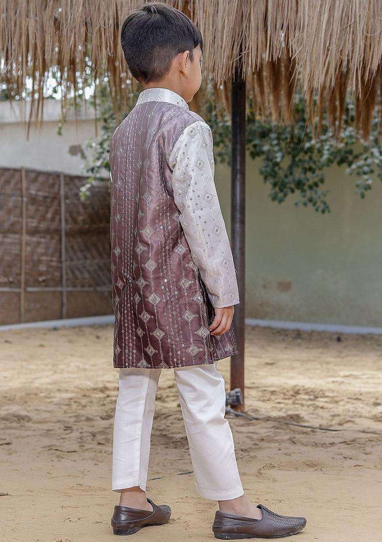 Brown Embroidered Silk Kurta Set For Boys - Indya