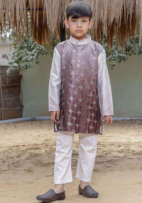 Brown Embroidered Silk Kurta Set For Boys