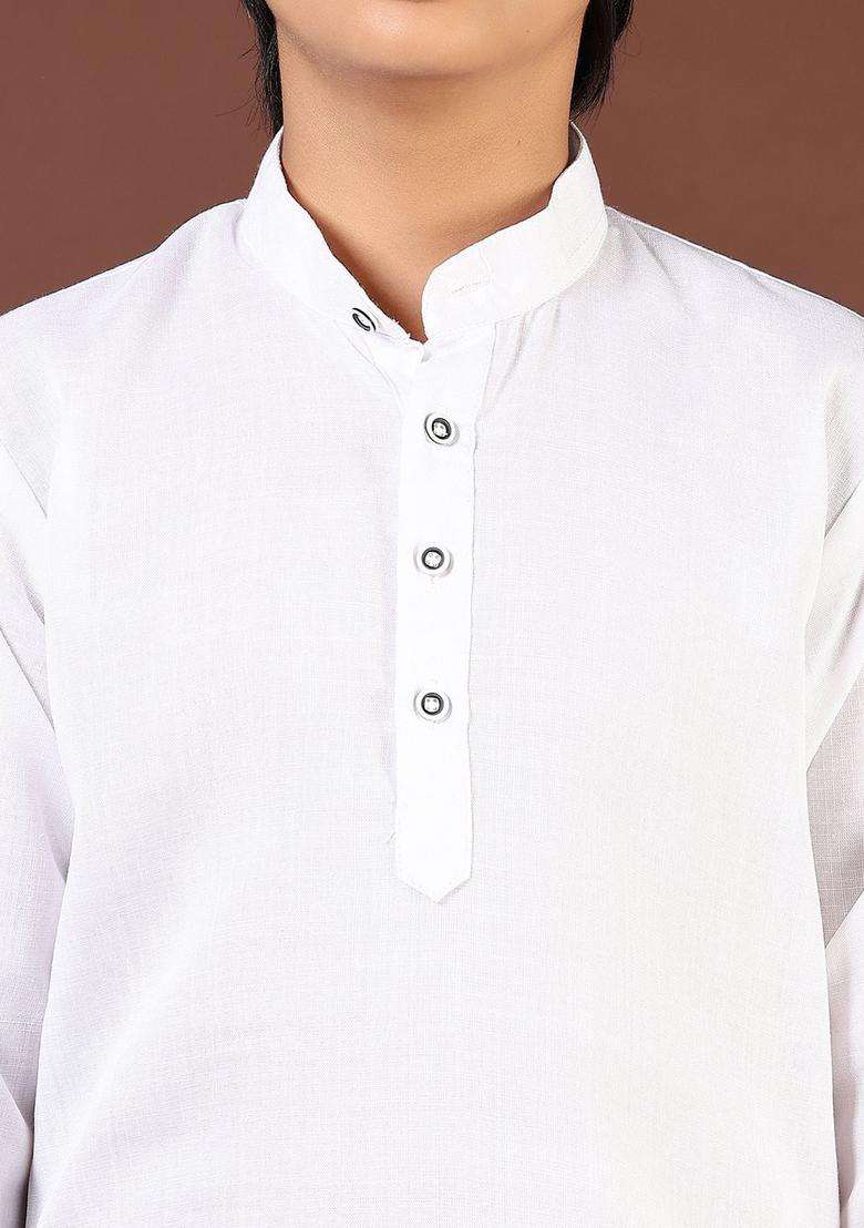 White Solid Cotton Kurta Set For Boys - Indya