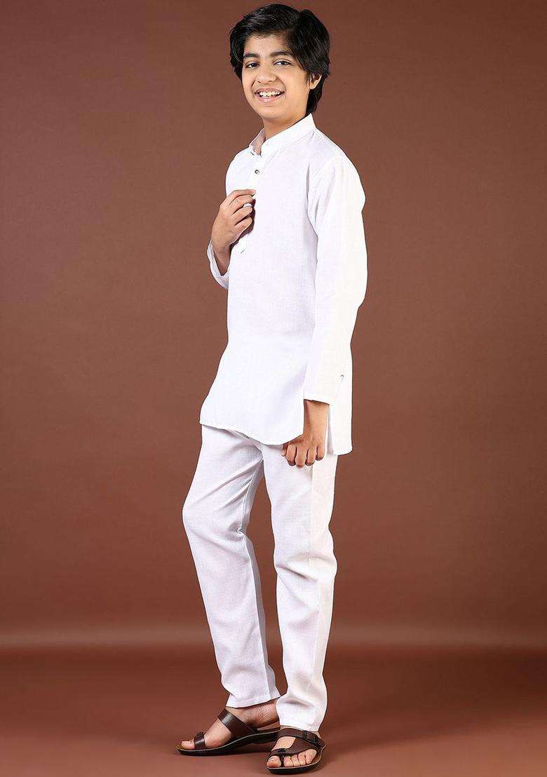 White Solid Cotton Kurta Set For Boys - Indya