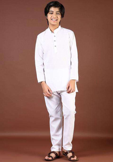 White Solid Cotton Kurta Set For Boys