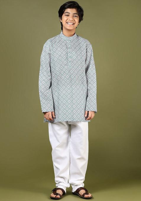 Green Printed Cotton Kurta Set For Boys — view on Indya