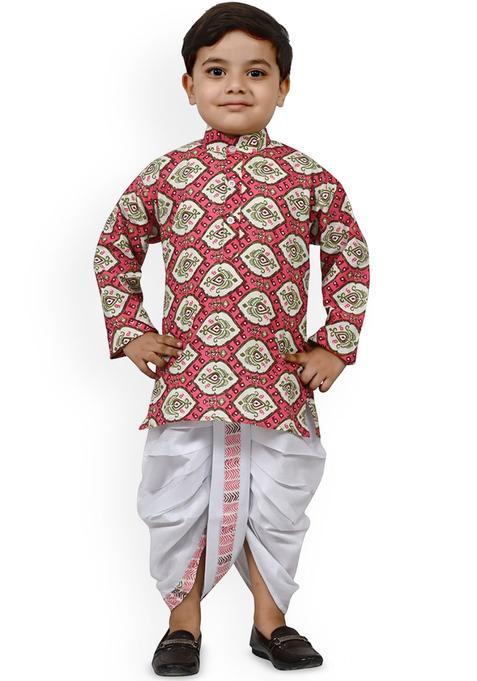 Pink Printed Cotton Kurta Set For Boys — view on Indya