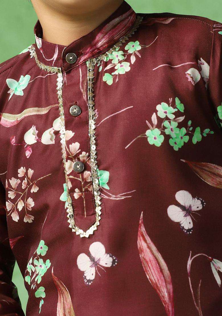 Brown Printed Cotton Kurta Set For Boys - Indya