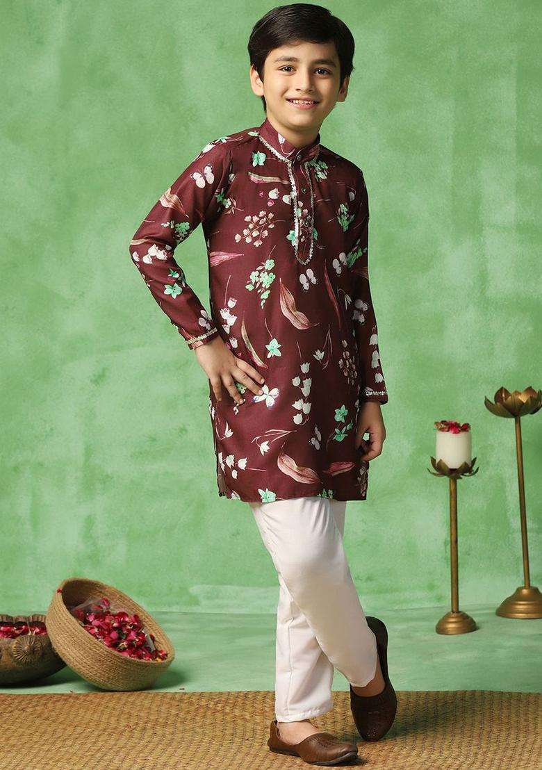 Brown Printed Cotton Kurta Set For Boys - Indya