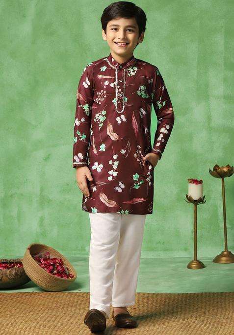 Brown Printed Cotton Kurta Set For Boys