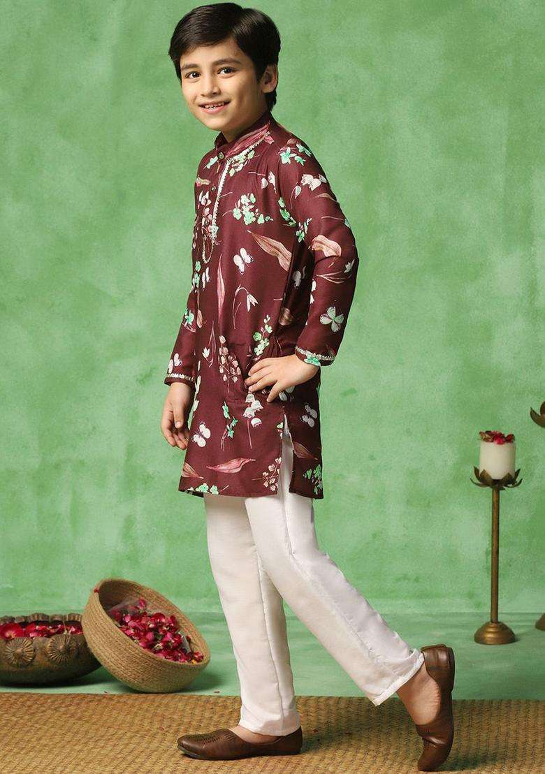 Brown Printed Cotton Kurta Set For Boys - Indya