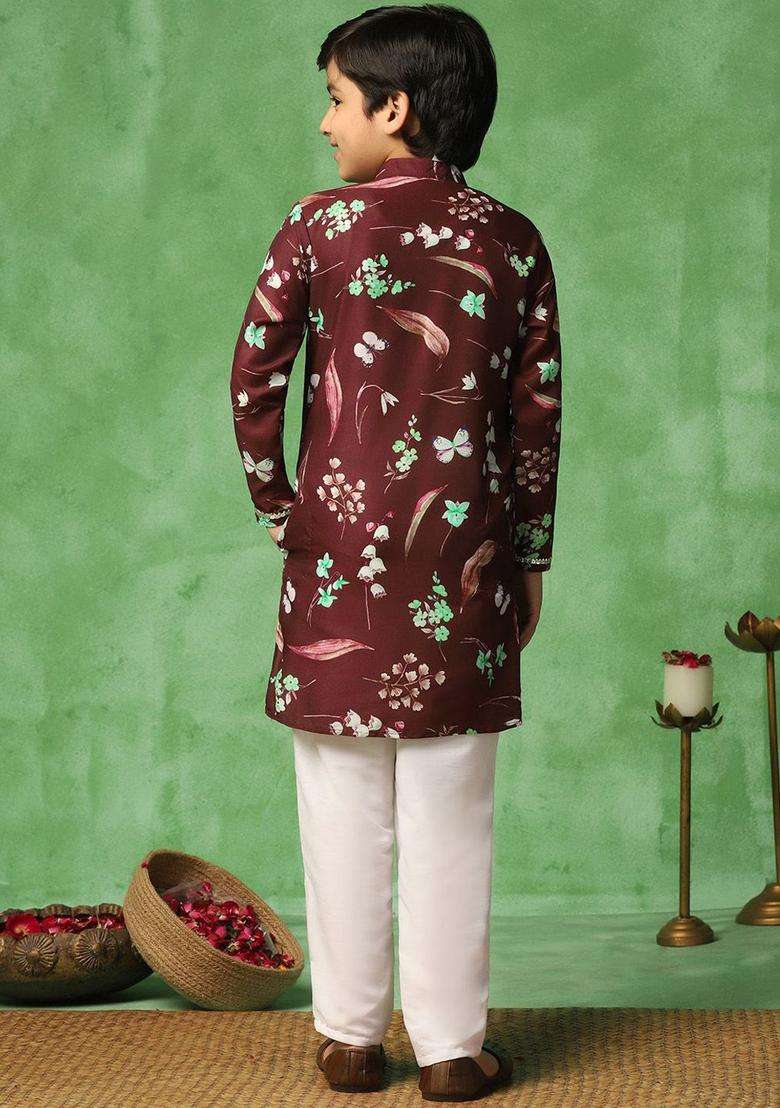 Brown Printed Cotton Kurta Set For Boys - Indya