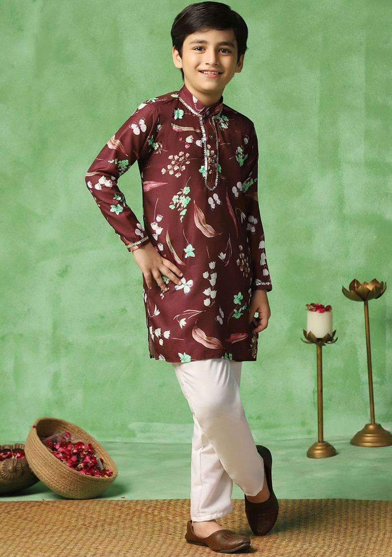 Brown Printed Cotton Kurta Set For Boys - Indya