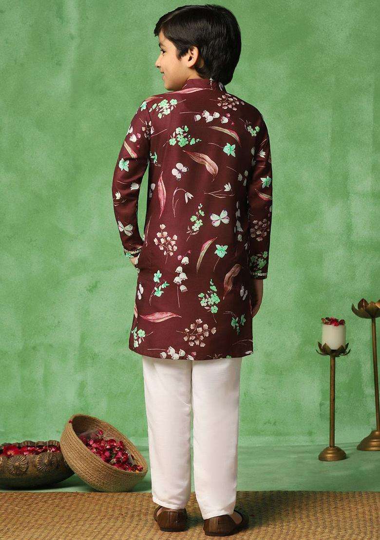 Brown Printed Cotton Kurta Set For Boys - Indya