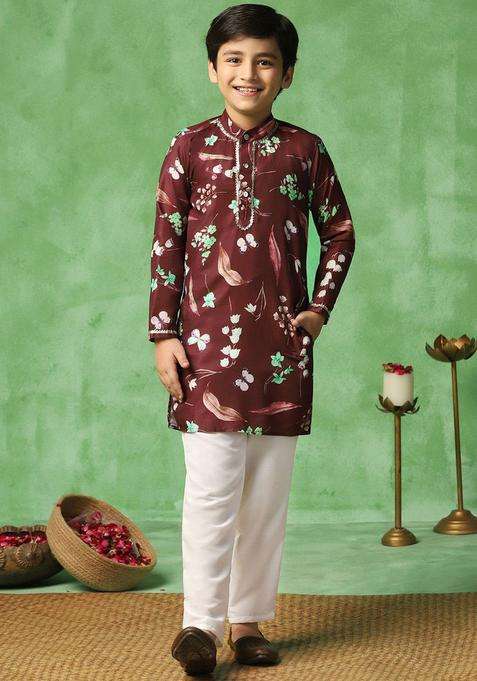 Brown Printed Cotton Kurta Set For Boys