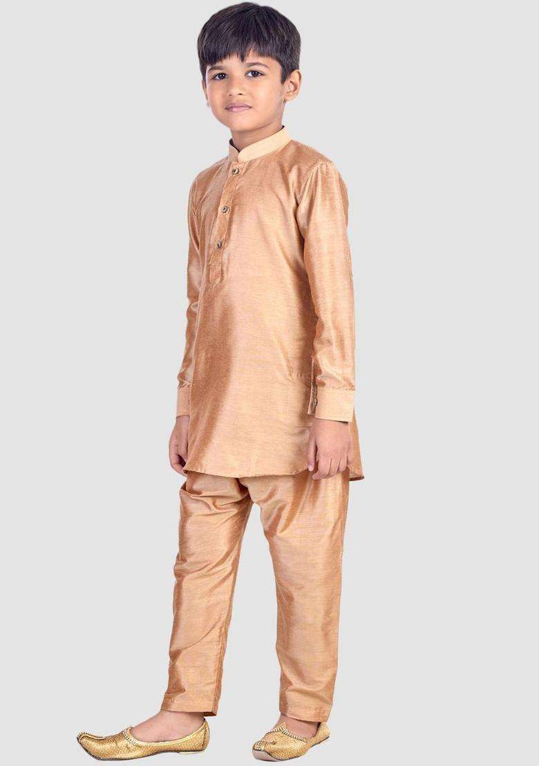 Rose Gold Solid Cotton Kurta Set For Boys - Indya