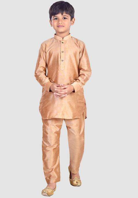 Rose Gold Solid Cotton Kurta Set For Boys